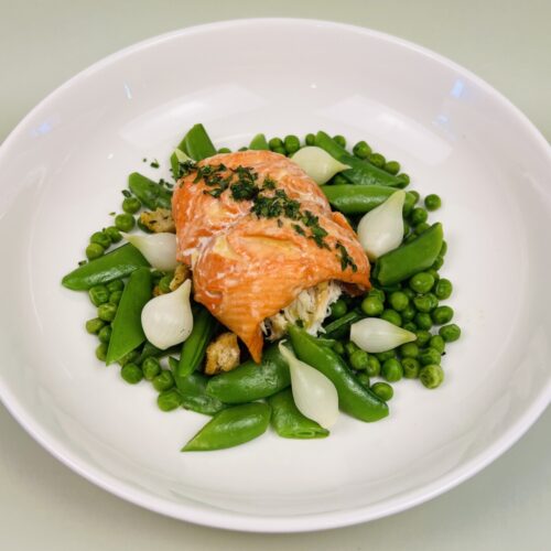 Crab-Stuffed Salmon butter sauce